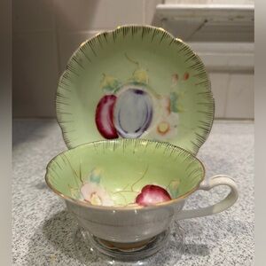 Vtg Halsey Fifth Floral Green Teacup and Saucer Set